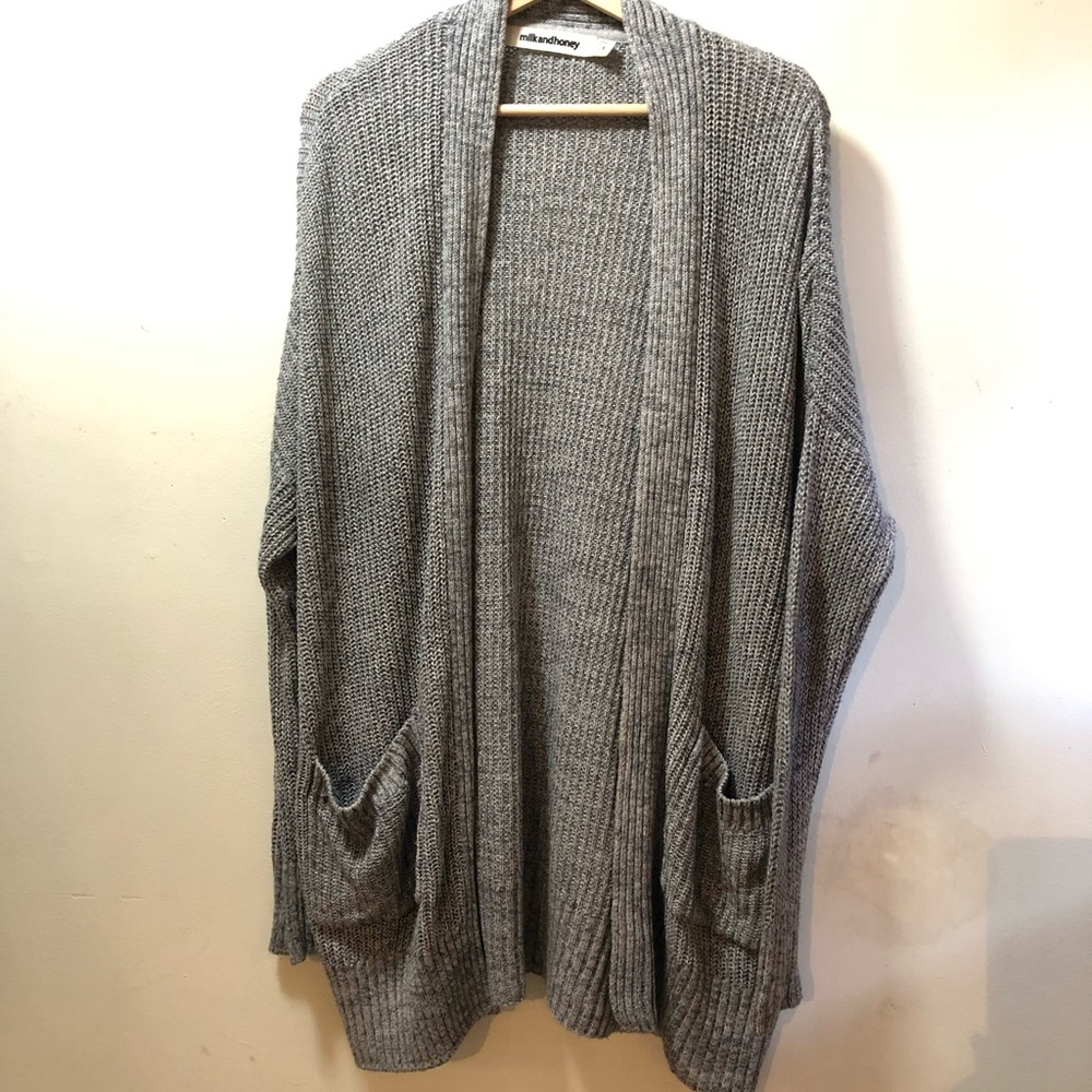 Grey knit open cardigan sweater